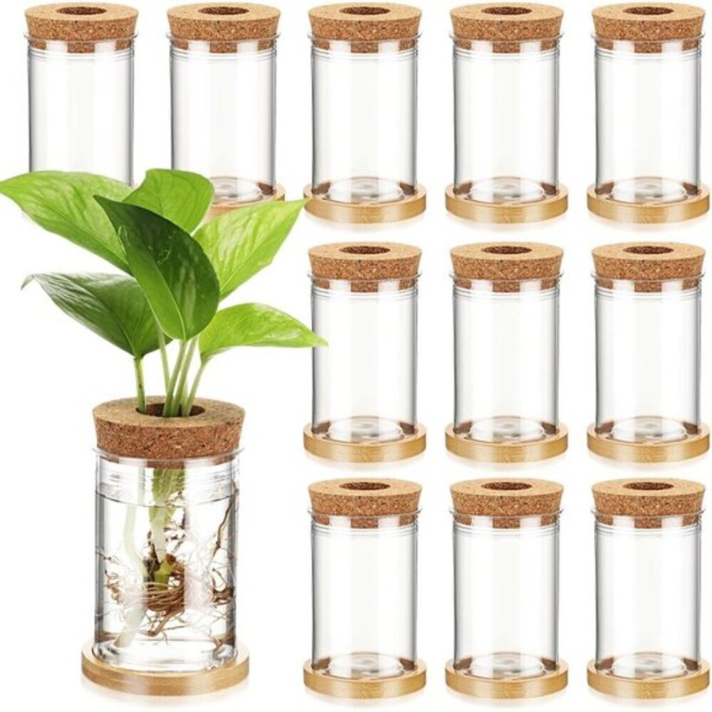 New 12 Pack Plant Propagation Vases, Hydroponic Plastic with Bamboo Stand & Lids